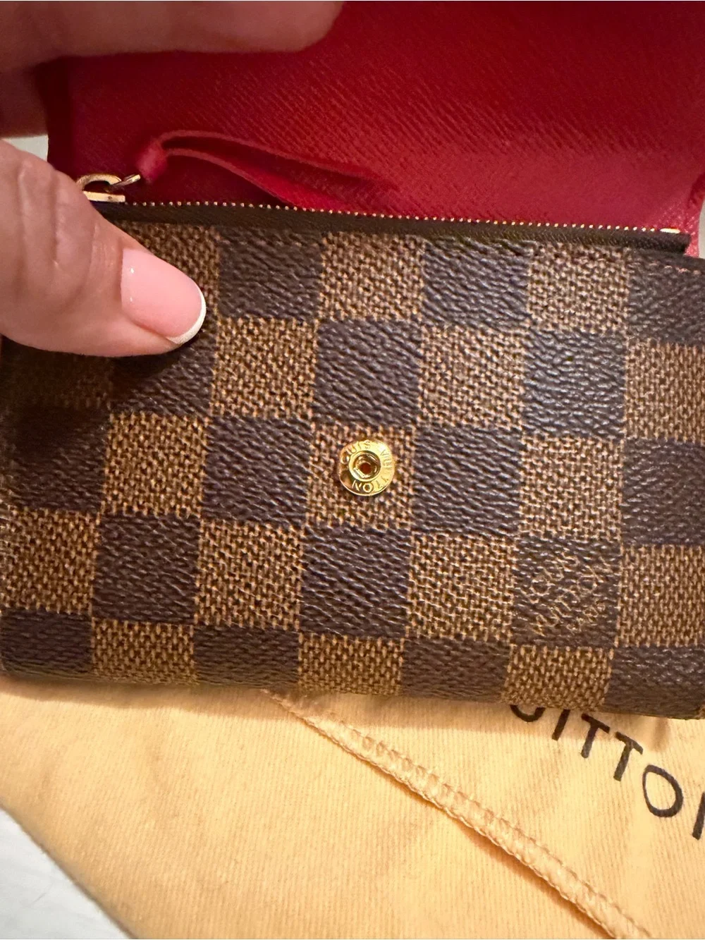 Louis Vuitton Brown Checkered Envelope Wallet with Red Snap